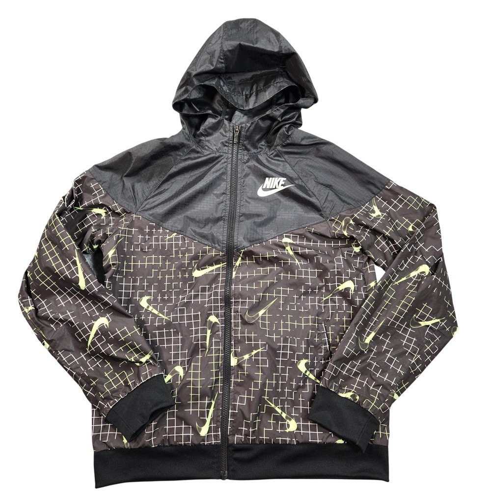 Nike Jacket Youth XL Black Neon Swoosh‎ Windbreaker Hooded Loose Fit Grid Print